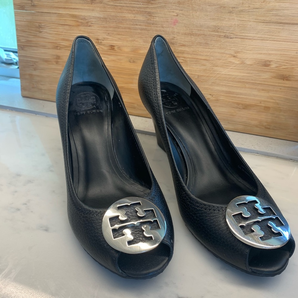 Tory Burch Black Wedge with Silver Toe Logo